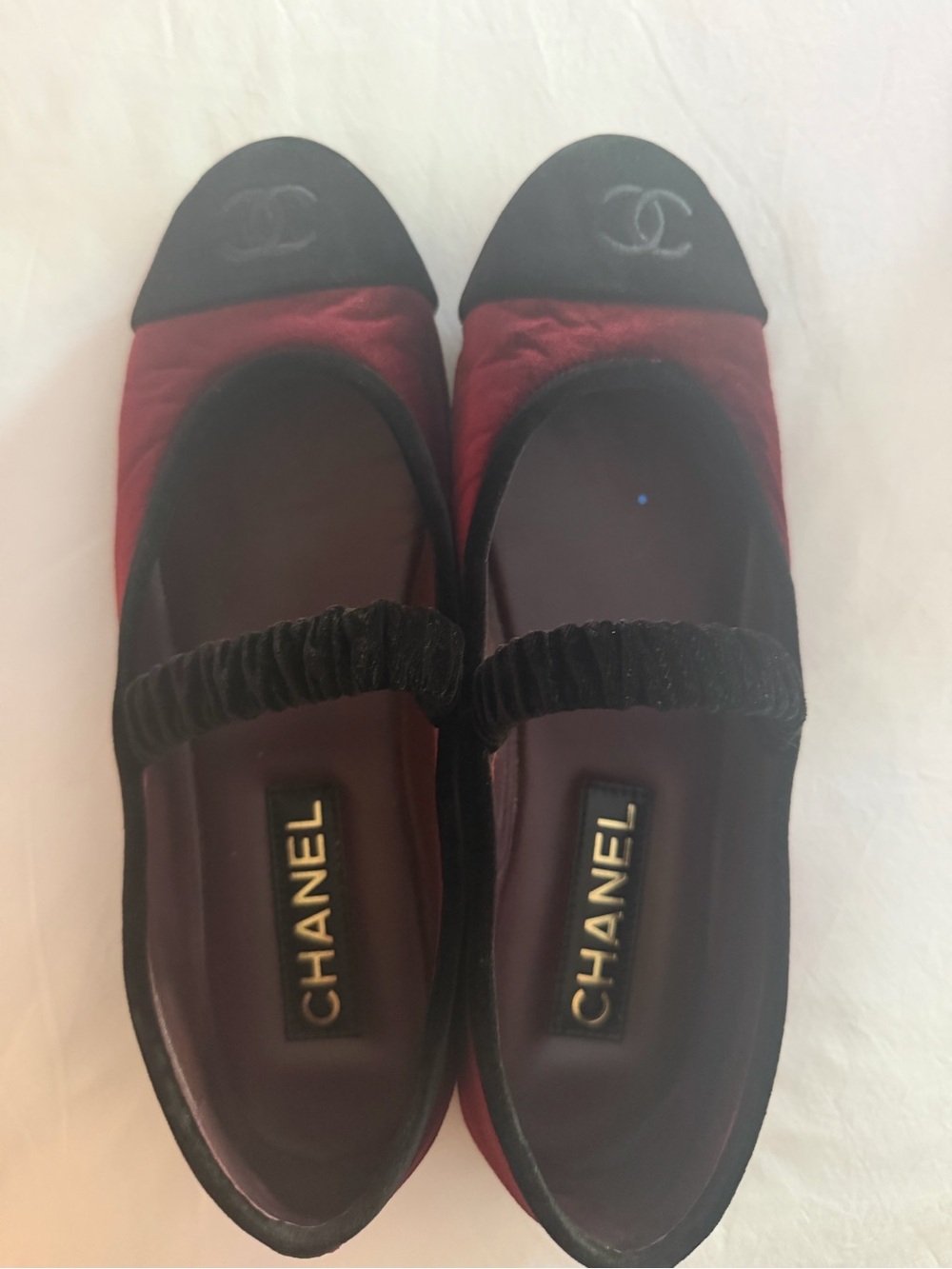 CHANEL Burgundy Satin Ballet Flats with Black Cap Toe size 39